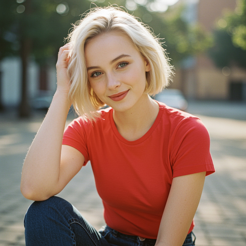 Stylish Blonde in Bob Hairstyle and Jeans Stylish Blonde in Bob Hairstyle and Jeans