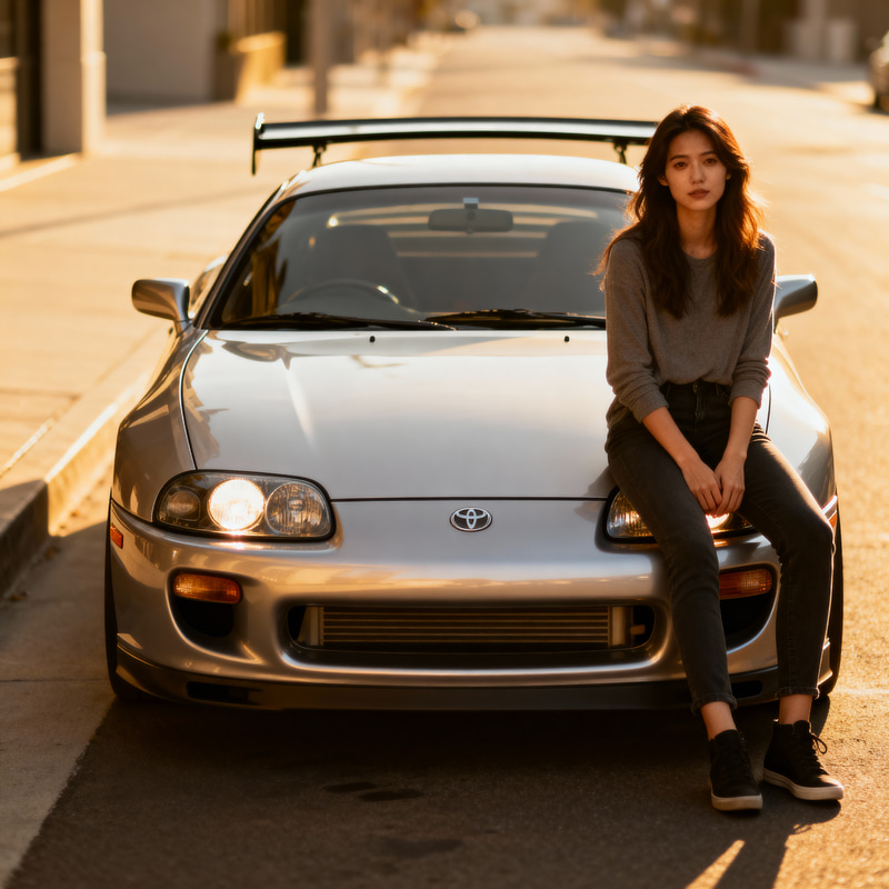 Women in Sitting Position with Toyota Supra MK4 Women in Sitting Position with Toyota Supra MK4