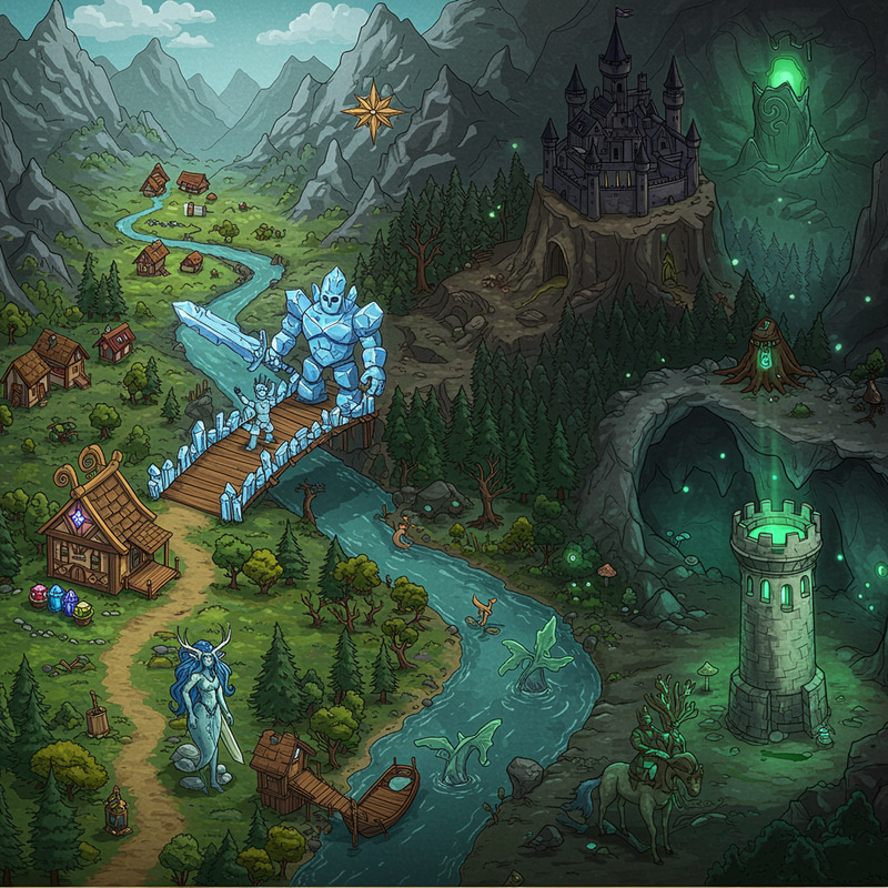Fantasy Map: Enchanted Village and Mystical Creatures Fantasy Map: Enchanted Village and Mystical Creatures