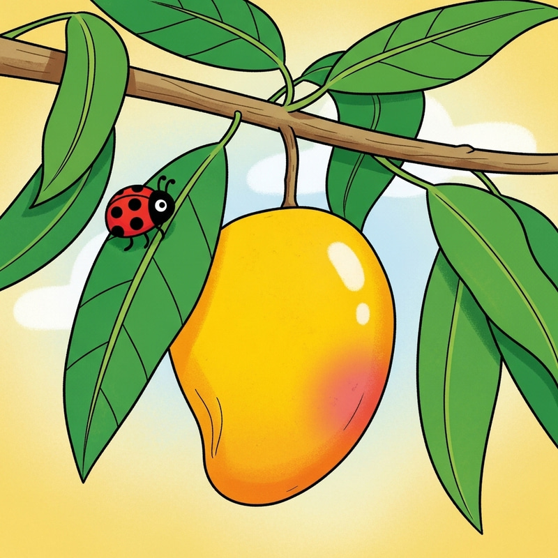 Children's Illustration: Mango Hanging from a Branch Children's Illustration: Mango Hanging from a Branch