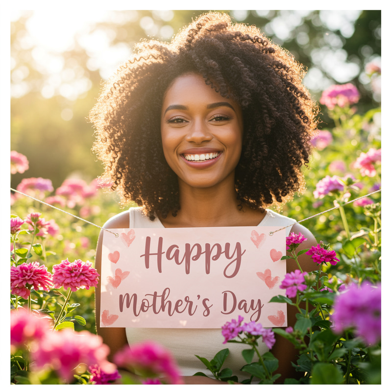 Happy Mother's Day: Joyful Black Woman in Blooming Garden