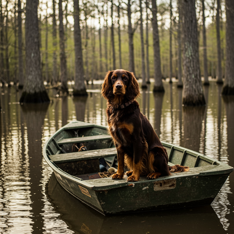 Boykin Spaniel on Duck Boat in Flooded Timber Boykin Spaniel on Duck Boat in Flooded Timber