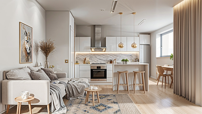Stylish Kitchen Living Combo in Scandinavian Design Stylish Kitchen Living Combo in Scandinavian Design
