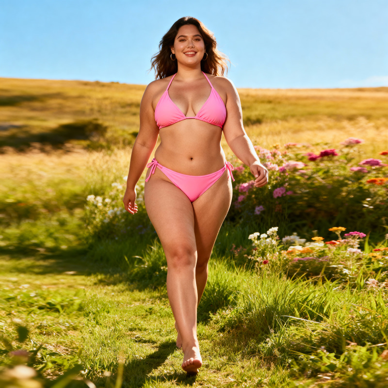 Confident Curvy Woman in a Pink Bikini Outdoors Confident Curvy Woman in a Pink Bikini Outdoors