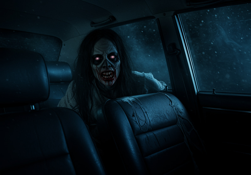 Chilling Horror Scene: Creepy Ghost in Dark Car