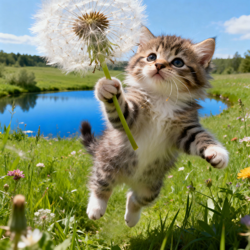 Cute Kitten with Dandelion in Magical Meadow Cute Kitten with Dandelion in Magical Meadow