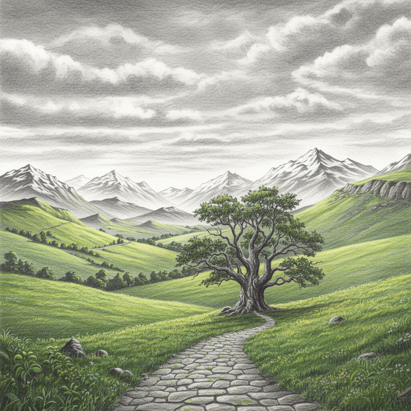 Pencil Drawing of LOTR-Inspired Landscape Pencil Drawing of LOTR-Inspired Landscape