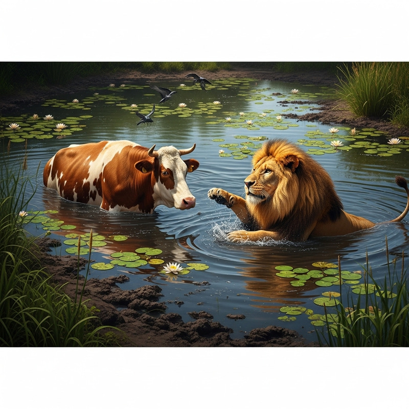 Lion Can't Reach Cow in Pond Lion Can't Reach Cow in Pond