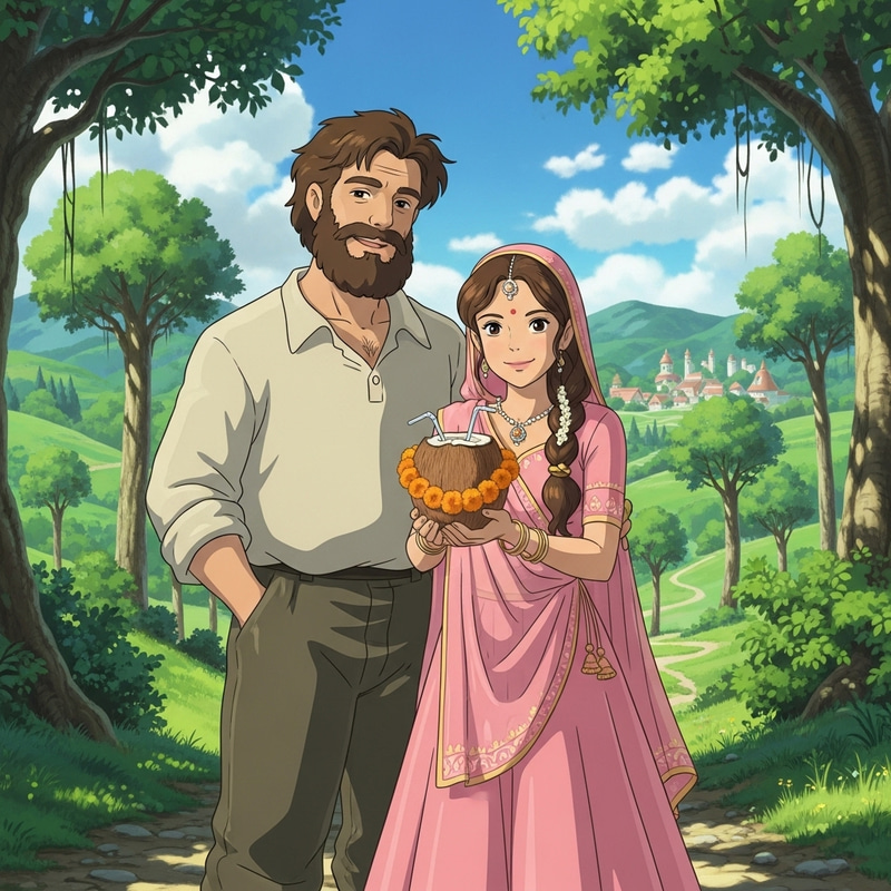Ghibli Style Illustration: Indian Couple with Coconut Ghibli Style Illustration: Indian Couple with Coconut