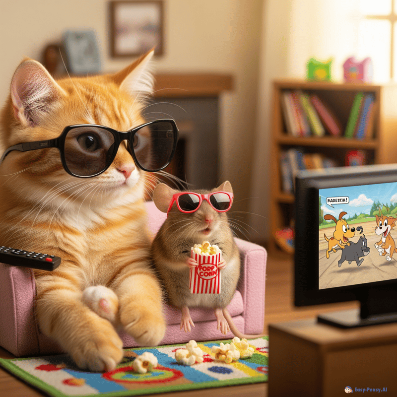 Funny Cat and Mouse Watching TV in Sunglasses Funny Cat and Mouse Watching TV in Sunglasses