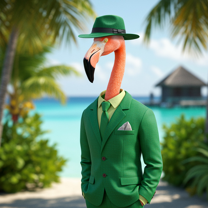 Flamingo in a Vivid Green Suit - Stylish Wildlife Flamingo in a Vivid Green Suit - Stylish Wildlife