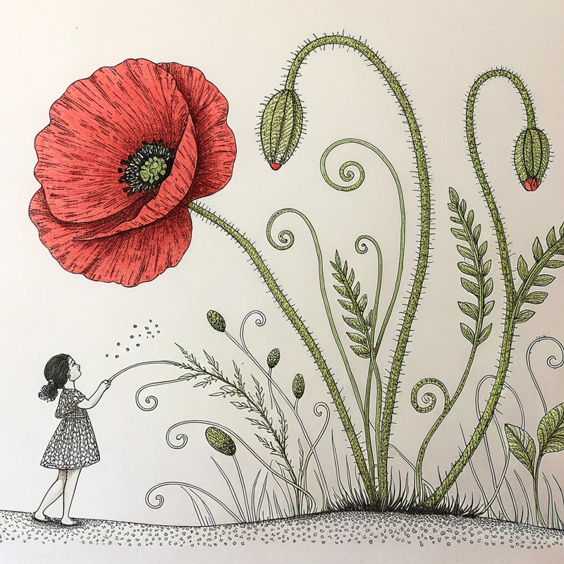 Vivid Red Poppy Illustration in Pencil Art Vivid Red Poppy Illustration in Pencil Art