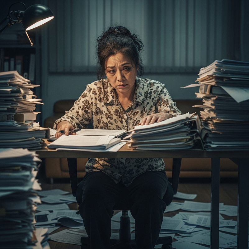 Tired Woman Struggling at Work Desk Tired Woman Struggling at Work Desk