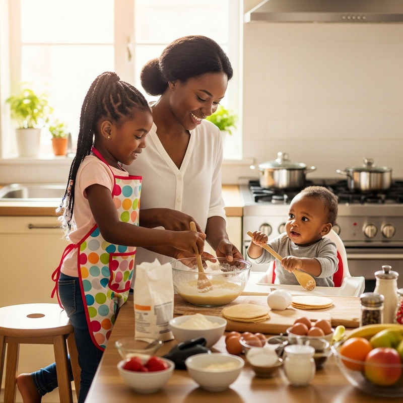 Family Cooking Moments: Mom and Kids in the Kitchen