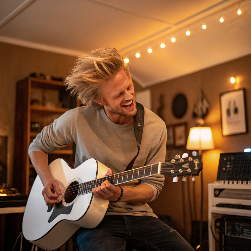 Dynamic Blonde Man with Guitar in Cozy Home Studio Dynamic Blonde Man with Guitar in Cozy Home Studio