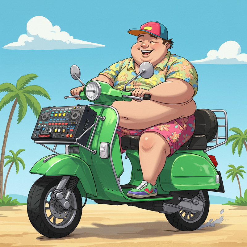 Disney Style Fat Guy on Green Vespa with DJ Console Disney Style Fat Guy on Green Vespa with DJ Console