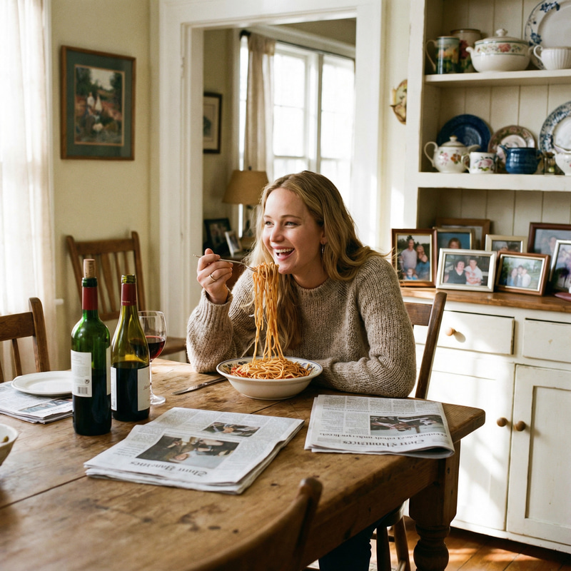 Jennifer Lawrence Enjoys Pasta at Dining Table Jennifer Lawrence Enjoys Pasta at Dining Table