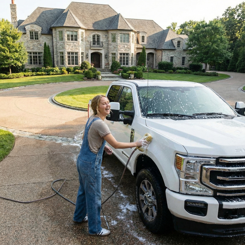 Jennifer Lawrence Washing King Ranch Truck at Home