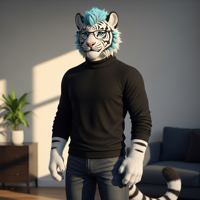 Furry White Tiger Character with Blue Eyes