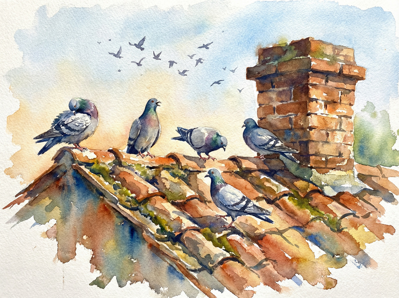 Beautiful Watercolor of Pigeons on a Roof Beautiful Watercolor of Pigeons on a Roof