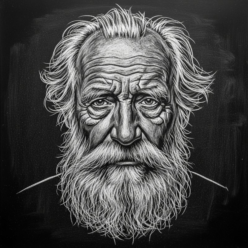 Chalk Drawing of an Old Man on Black Background Chalk Drawing of an Old Man on Black Background