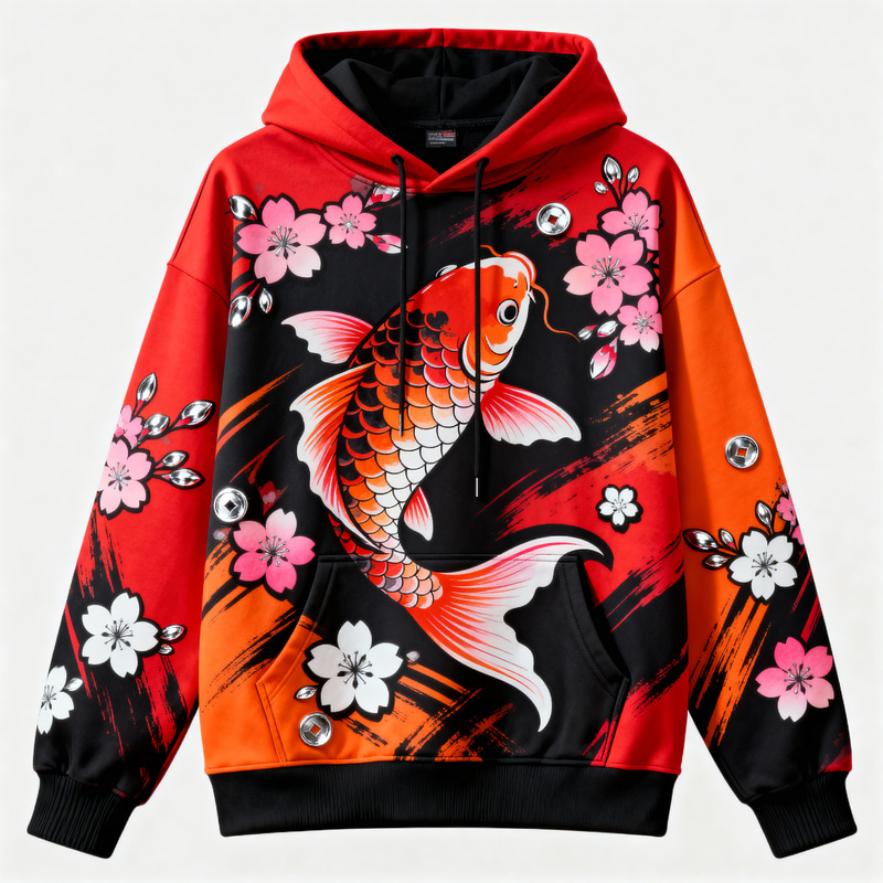Japanese Streetwear Hoodie - Koi Fish & Cherry Blossoms