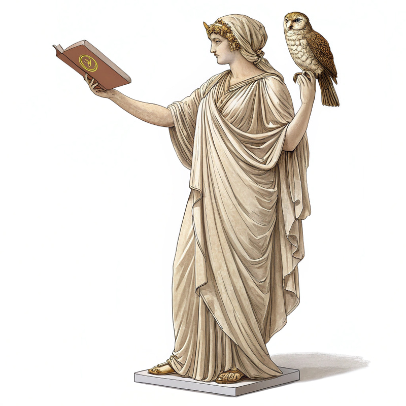 Greek Woman Statue with Owl and Book Greek Woman Statue with Owl and Book