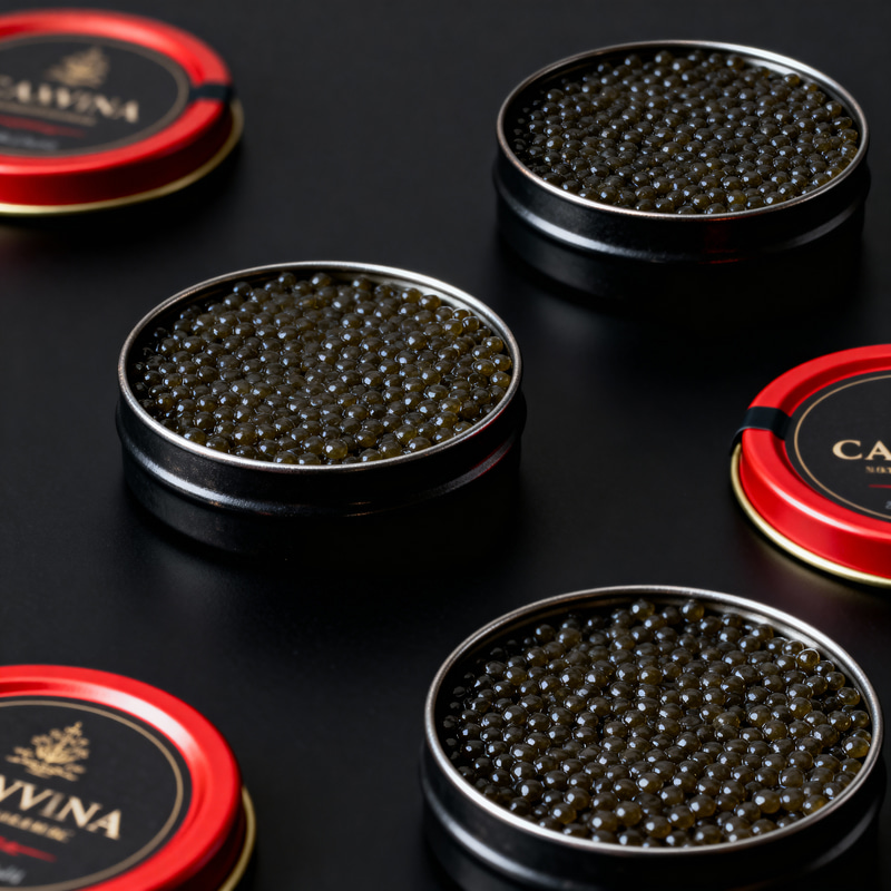 Luxurious Black and Red Caviar in Iron Jars