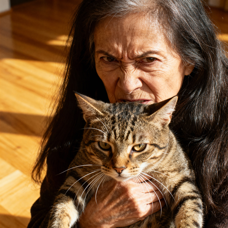 Angry Old Lady with Long Dark Hair and Cat