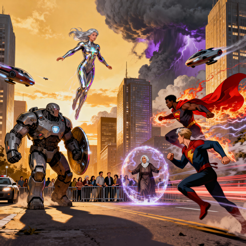 Epic Sunset Cityscape with Heroes in Action Epic Sunset Cityscape with Heroes in Action