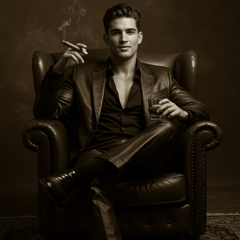 Confident Model in Luxurious Leather Suit Confident Model in Luxurious Leather Suit