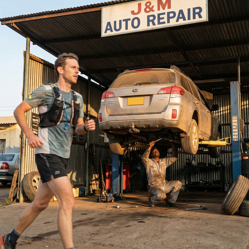 Jogger Passing Car Repair Shop: Dynamic Outdoor Scene Jogger Passing Car Repair Shop: Dynamic Outdoor Scene