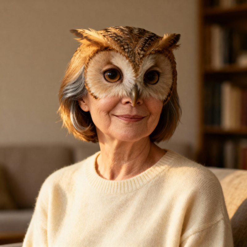 Owl-Like 55-Year-Old Woman: Unique Portrait