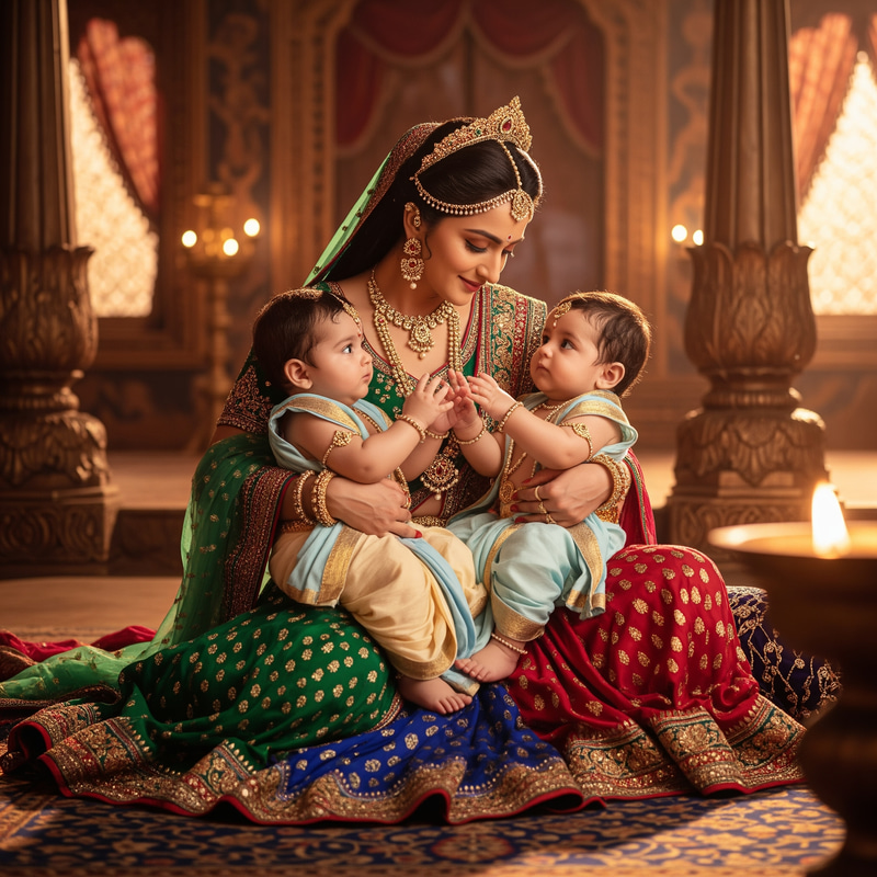 Queen Sumitra with Her Twin Sons: A Regal Scene Queen Sumitra with Her Twin Sons: A Regal Scene