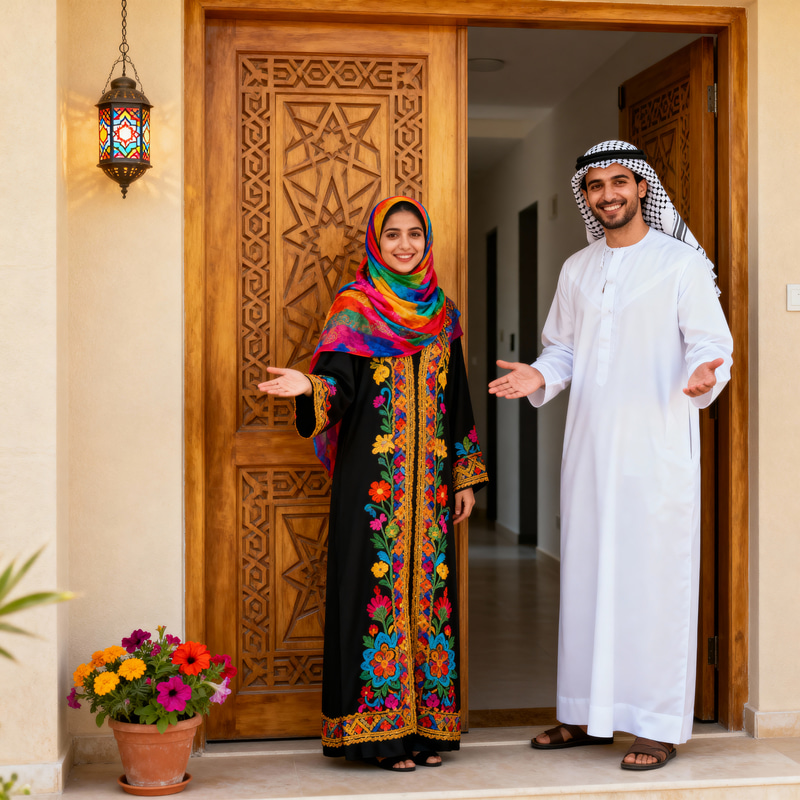 Welcoming Arab Muslim Couple in Home Setting Welcoming Arab Muslim Couple in Home Setting