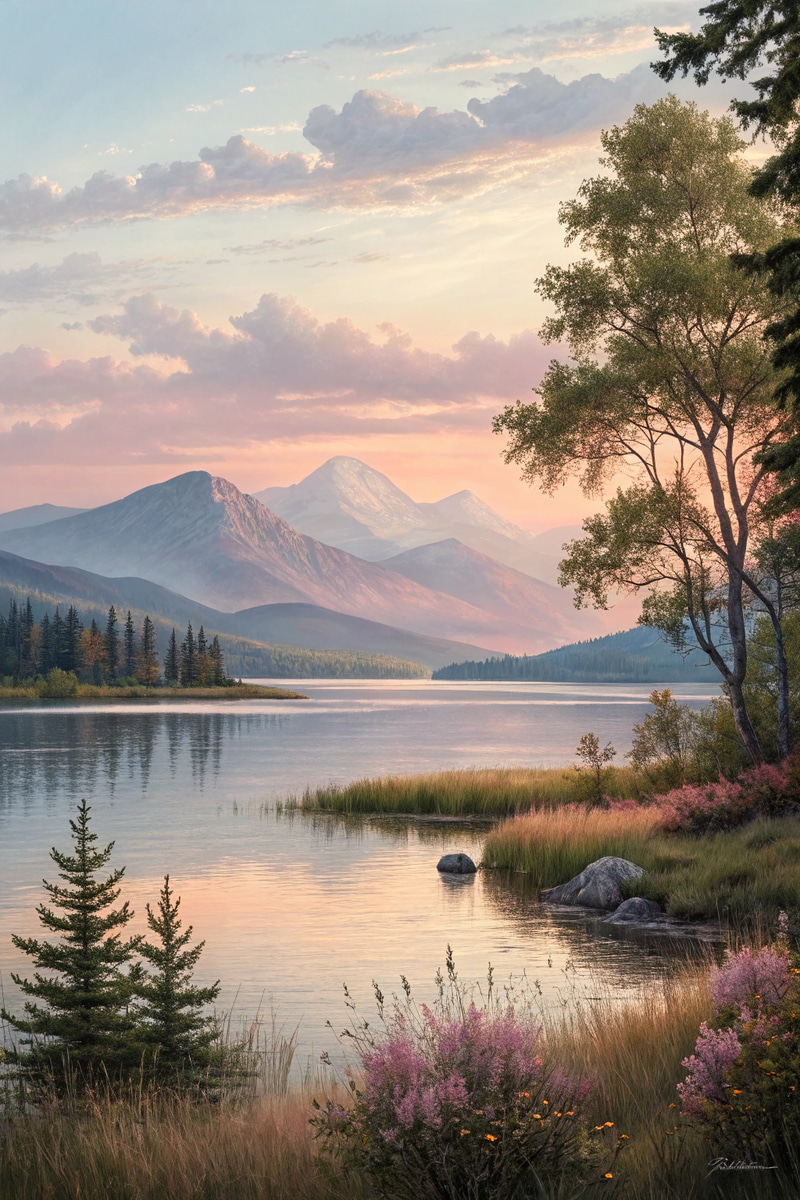 Serene Landscape with Tranquil Lake and Mountains Serene Landscape with Tranquil Lake and Mountains