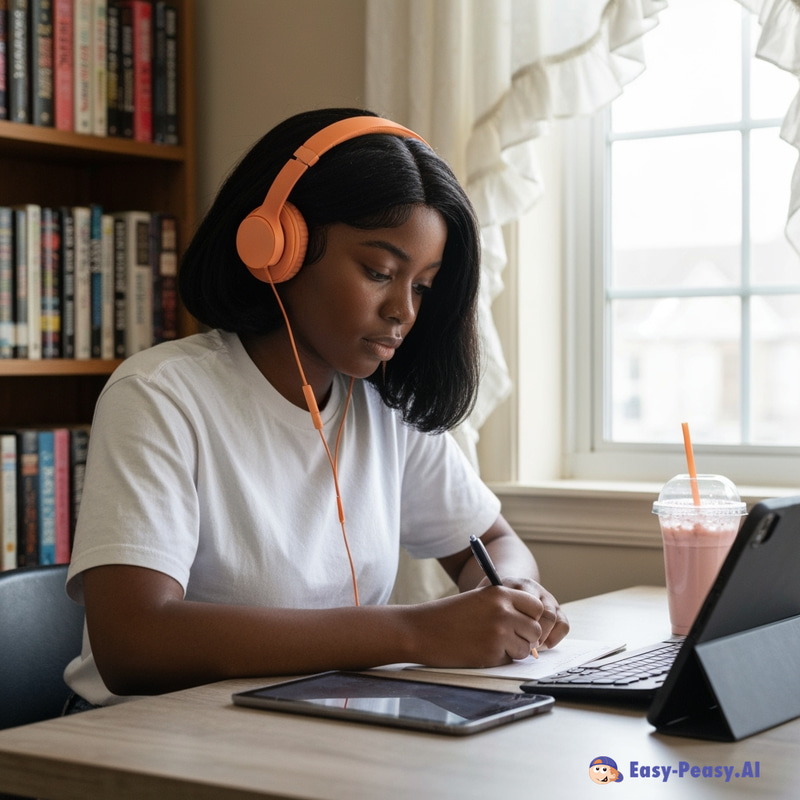 Young Black Writer with Headphones and Milkshake Young Black Writer with Headphones and Milkshake