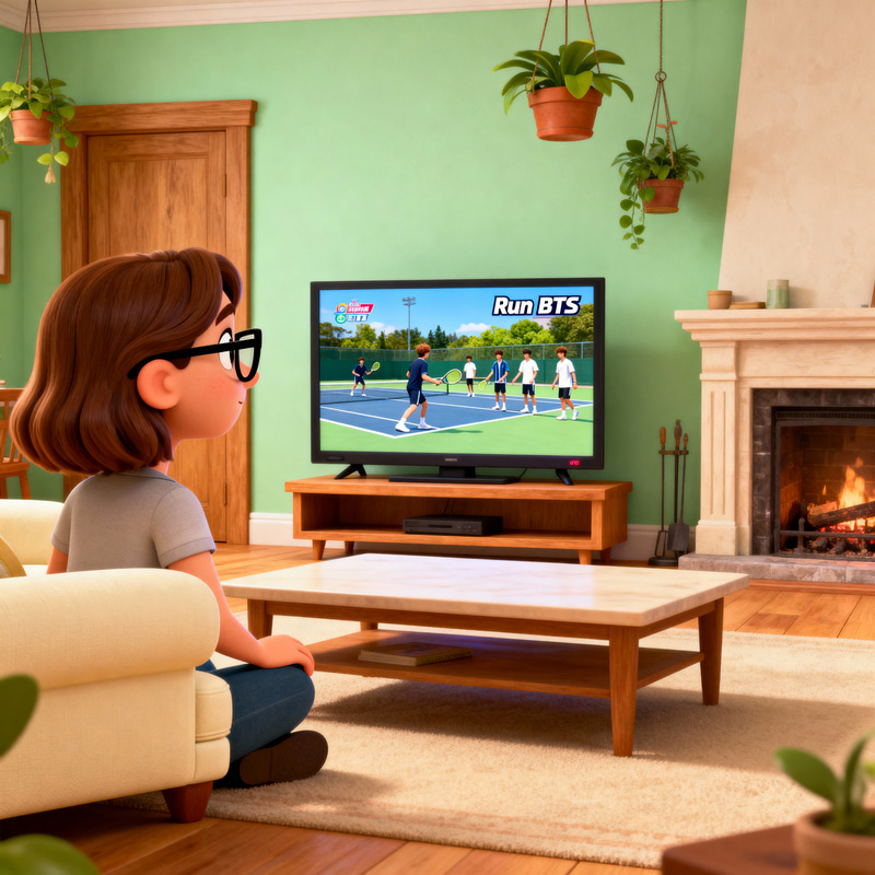 Cozy Home Moment: Young Woman Watching BTS TV Show