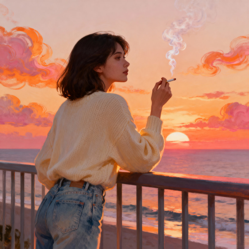 Female Character Smoking at Sunset Female Character Smoking at Sunset