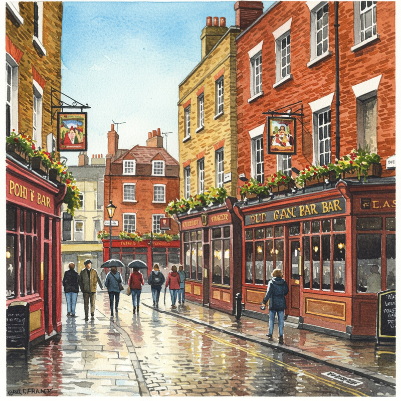 Vibrant London Pubs and Bars in Watercolor