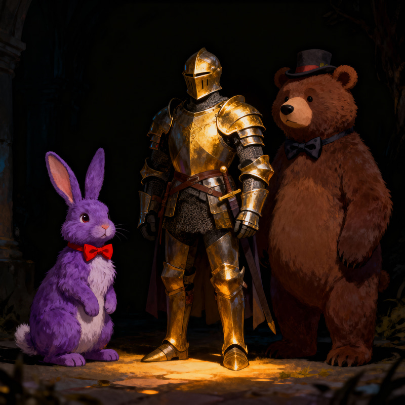 Knight with Bear and Rabbit in the Dark Knight with Bear and Rabbit in the Dark