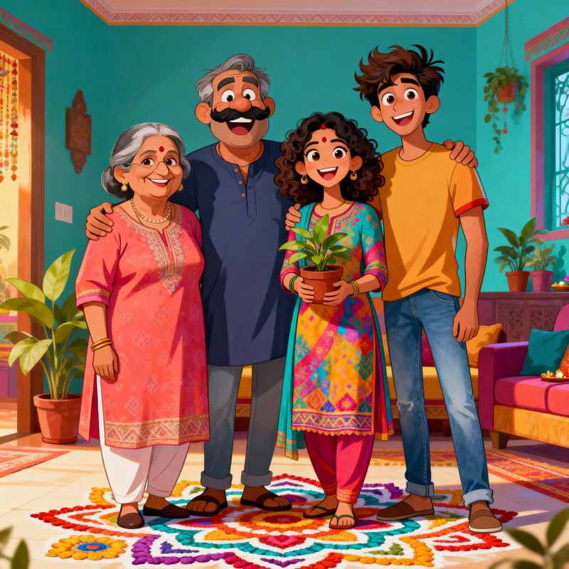 Jovial South Asian Family Cartoon Portrait