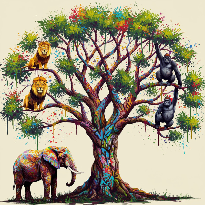 Vibrant Tree of Life Graffiti Art with Animals