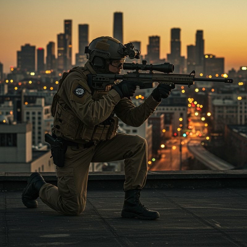 Tactical SWAT Sniper on Rooftop: Urban Dusk Tactical SWAT Sniper on Rooftop: Urban Dusk
