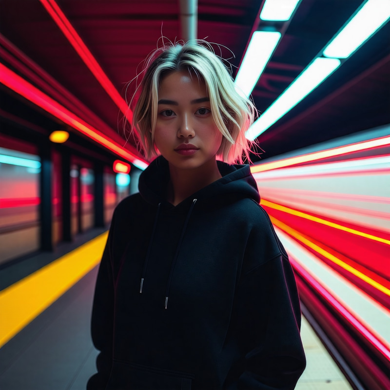 Young Asian Woman Model in Dark Subway Station | Serious Pose Young Asian Woman Model in Dark Subway Station | Serious Pose
