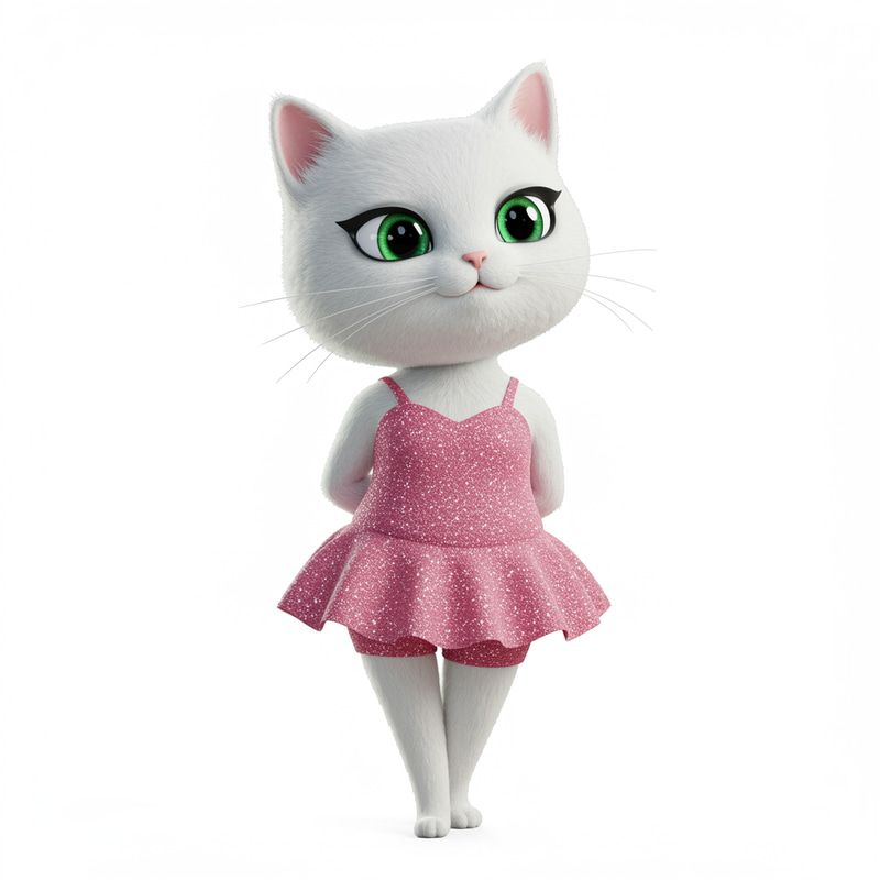 3D White Cat in Pink Glittery Dress - 5.9 Inches Tall 3D White Cat in Pink Glittery Dress - 5.9 Inches Tall