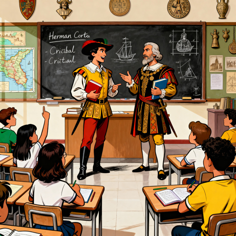 Cartoon of Hernán Cortés and Columbus Teaching Students Cartoon of Hernán Cortés and Columbus Teaching Students