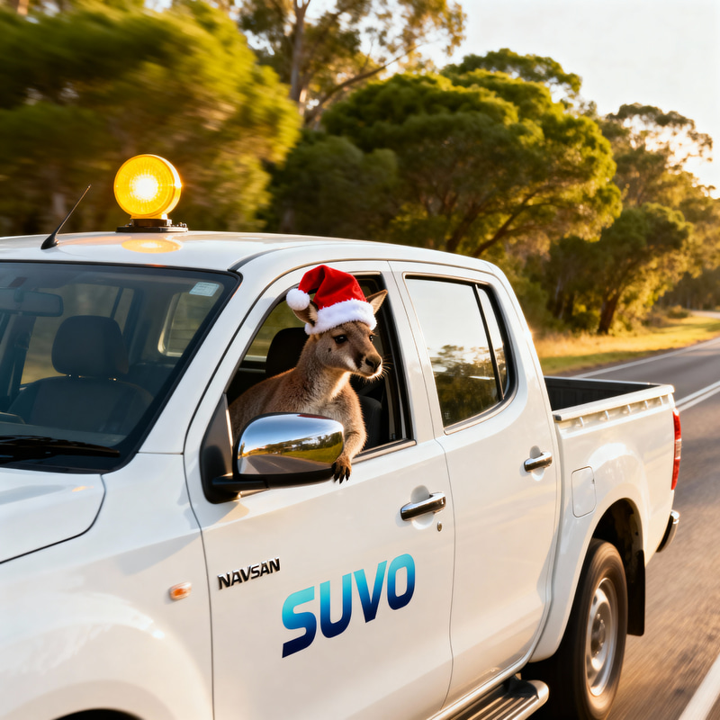 Kangaroo in Santa Hat Driving Ute | Festive Scene Kangaroo in Santa Hat Driving Ute | Festive Scene