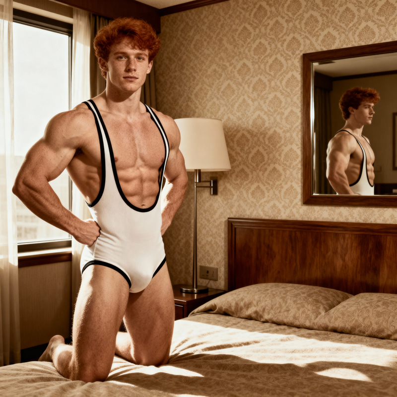 Redhead Male Bodybuilder Posing in Hotel Bedroom