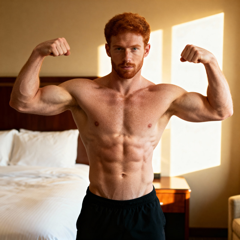 Nude Male Bodybuilder Model in Hotel Bedroom